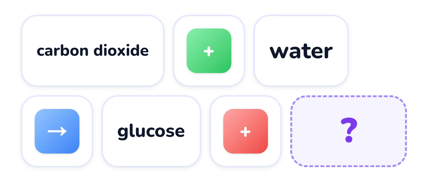 A word equation in tiles: carbon dioxide plus water on the top row, then an arrow, glucose, plus and a blank on the bottom row.
