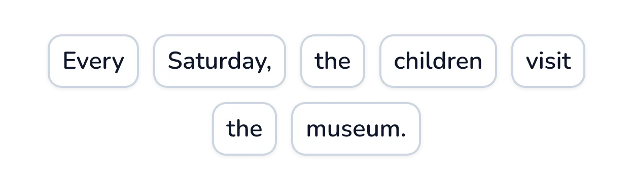 Word tiles spelling out the sentence: Every Saturday, the children visit the museum.