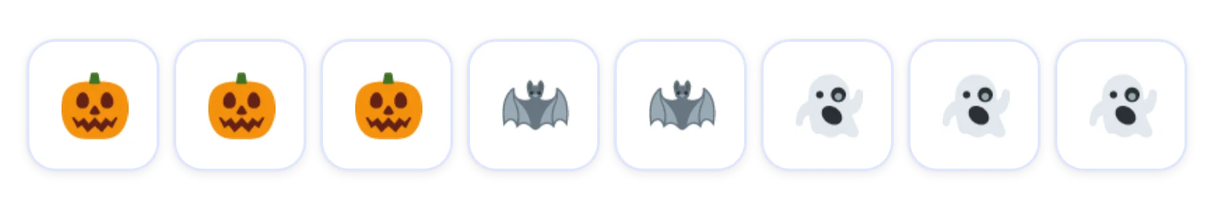 Eight spinner sections in a row: three pumpkins, then two bats, then three ghosts.