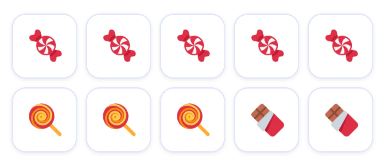Ten sweets in two rows: five wrapped toffees on the top row, then three lollipops and two chocolate bars on the bottom row.